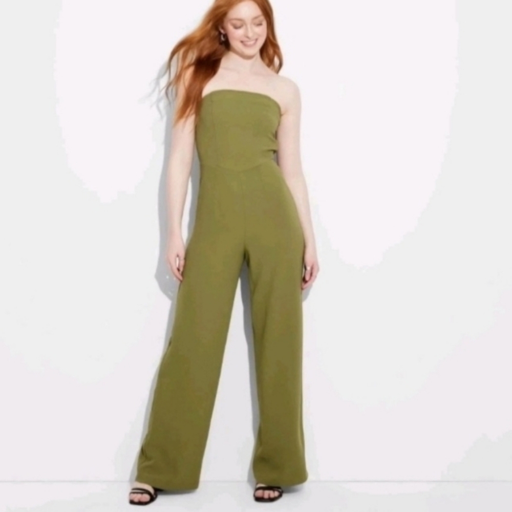 wild fable Olive Green Strapless Wide-Leg Jumpsuit